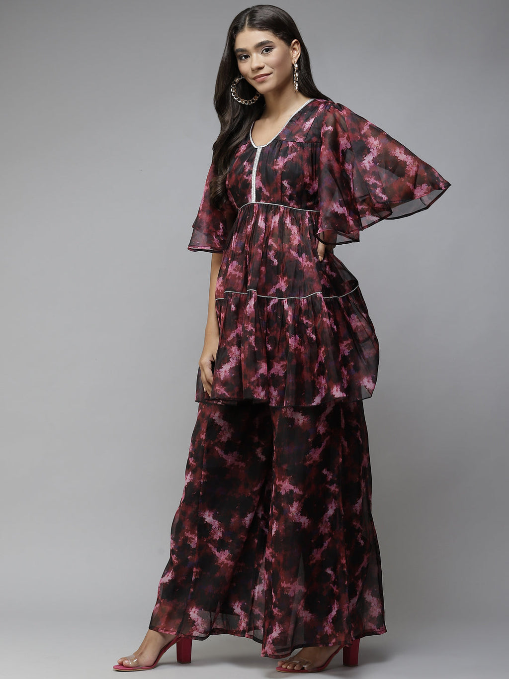 PANIT Women Black Printed Tiered Zardozi Kurti with Palazzos