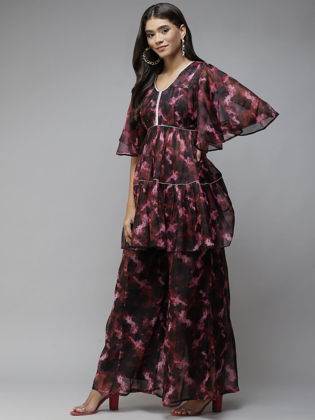 PANIT Women Black Printed Tiered Zardozi Kurti with Palazzos
