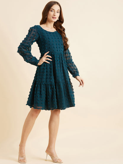 Dobby Fabric Puff Sleeves Tiered Fit & Flare Dress