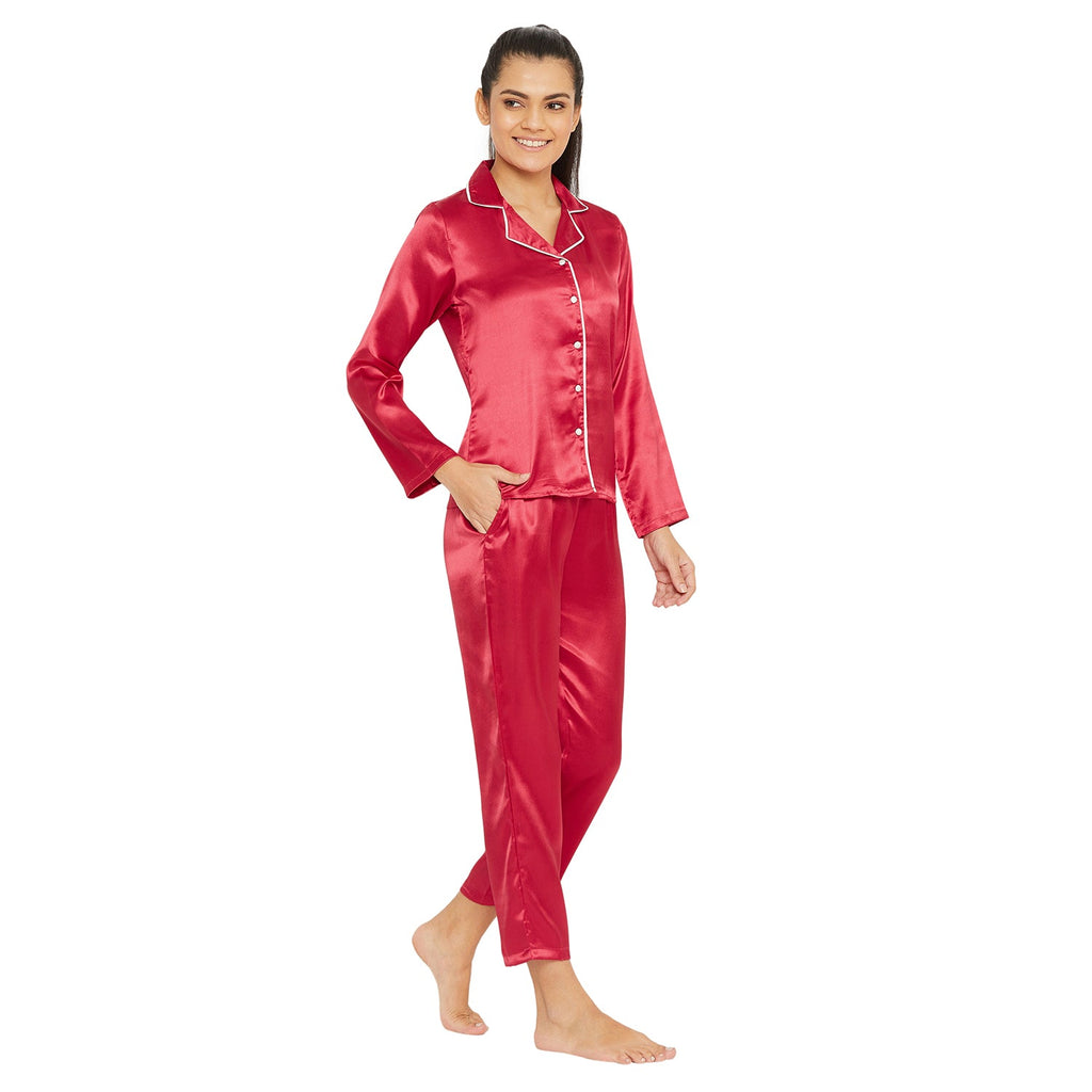Women Red Satin Finish Solid Night Suit