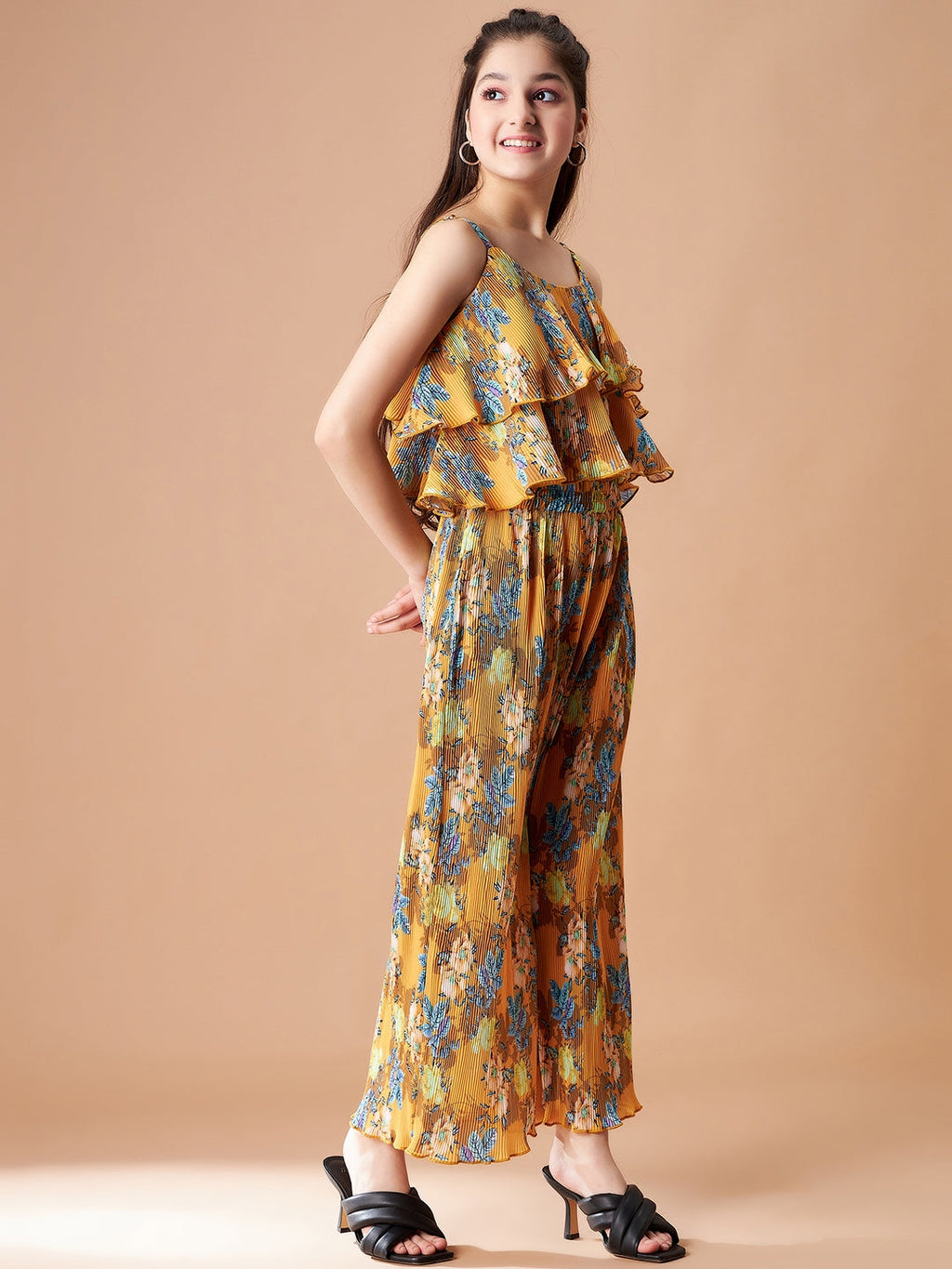 Girls Yellow Floral Printed Top with Trousers