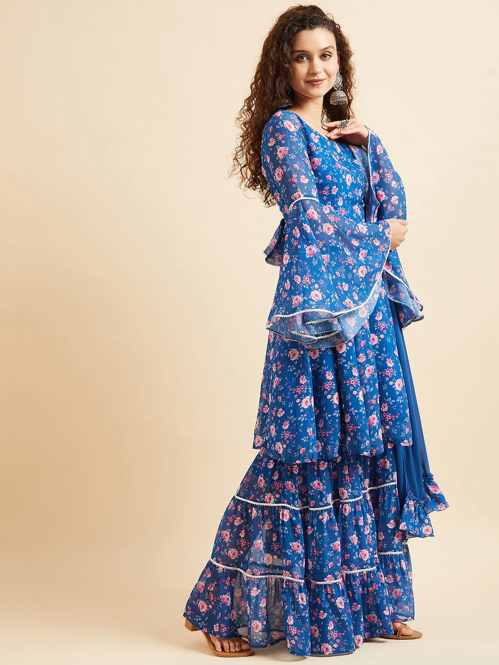 Blue & Pink Floral Printed Gotta Patti Kurta with Sharara & Dupatta