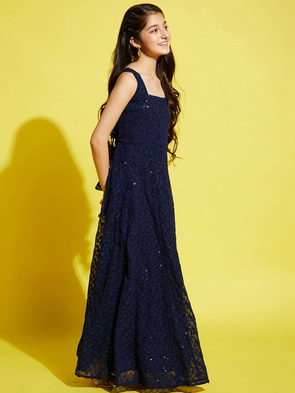 Navy Blue Floral Embroidered Ethnic Maxi Dress