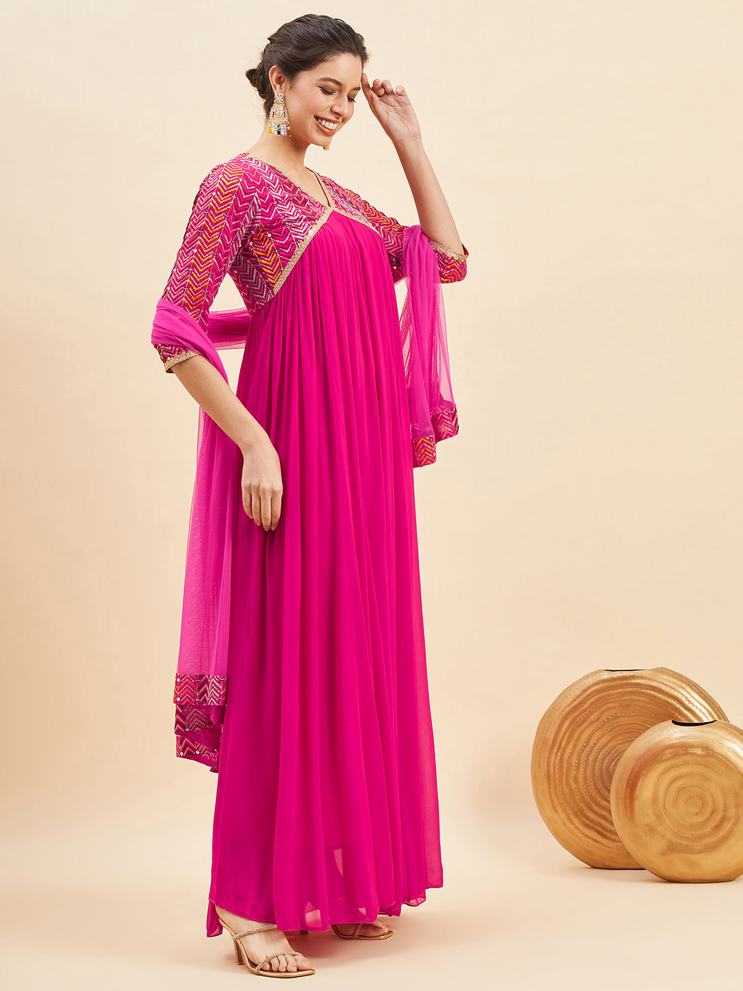 Sequinned Embellished Empire Maxi Ethnic Dress With Dupatta