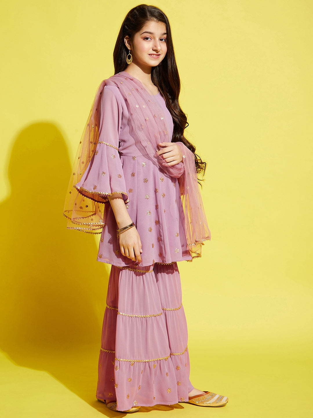 Girls Pink Ethnic Motifs Embroidered Empire Kurta with Sharara & Dupatta