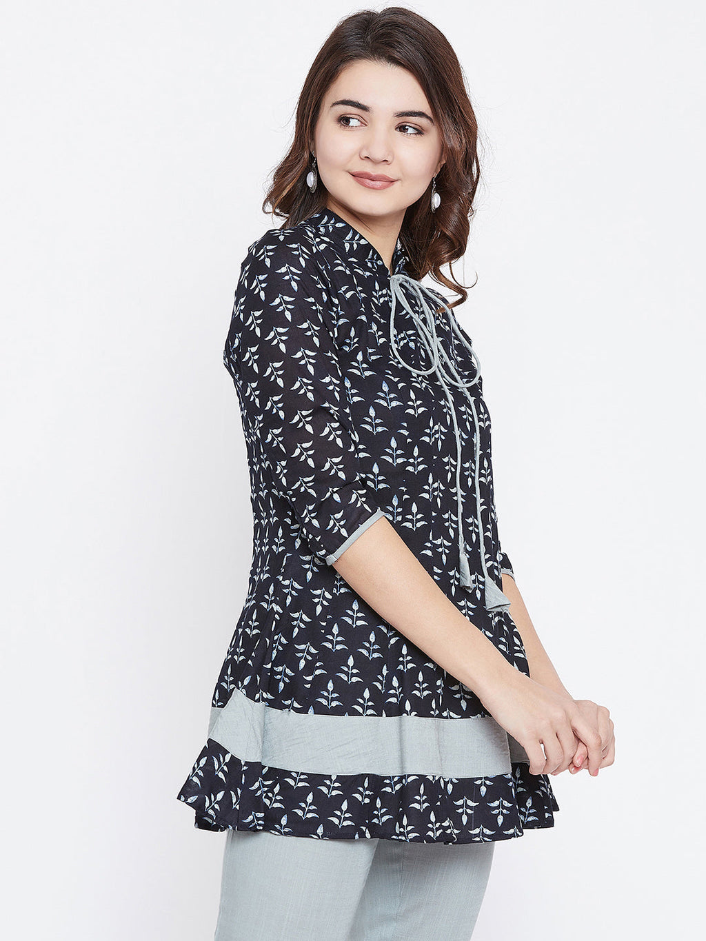 Navy Blue & Grey Printed Pure Cotton A-Line Pure Cotton Kurti