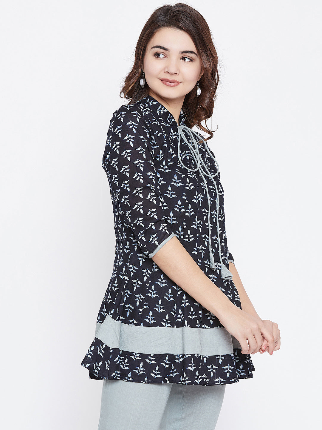 Navy Blue & Grey Printed Pure Cotton A-Line Pure Cotton Kurti
