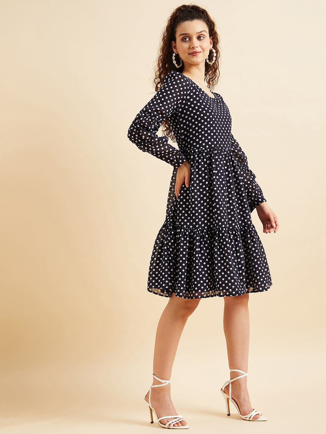 Polka Dots Printed Flounce Georgette Fit  Flared Dress