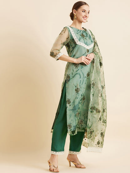 Floral Embroidered Kurta With Trousers & Dupatta