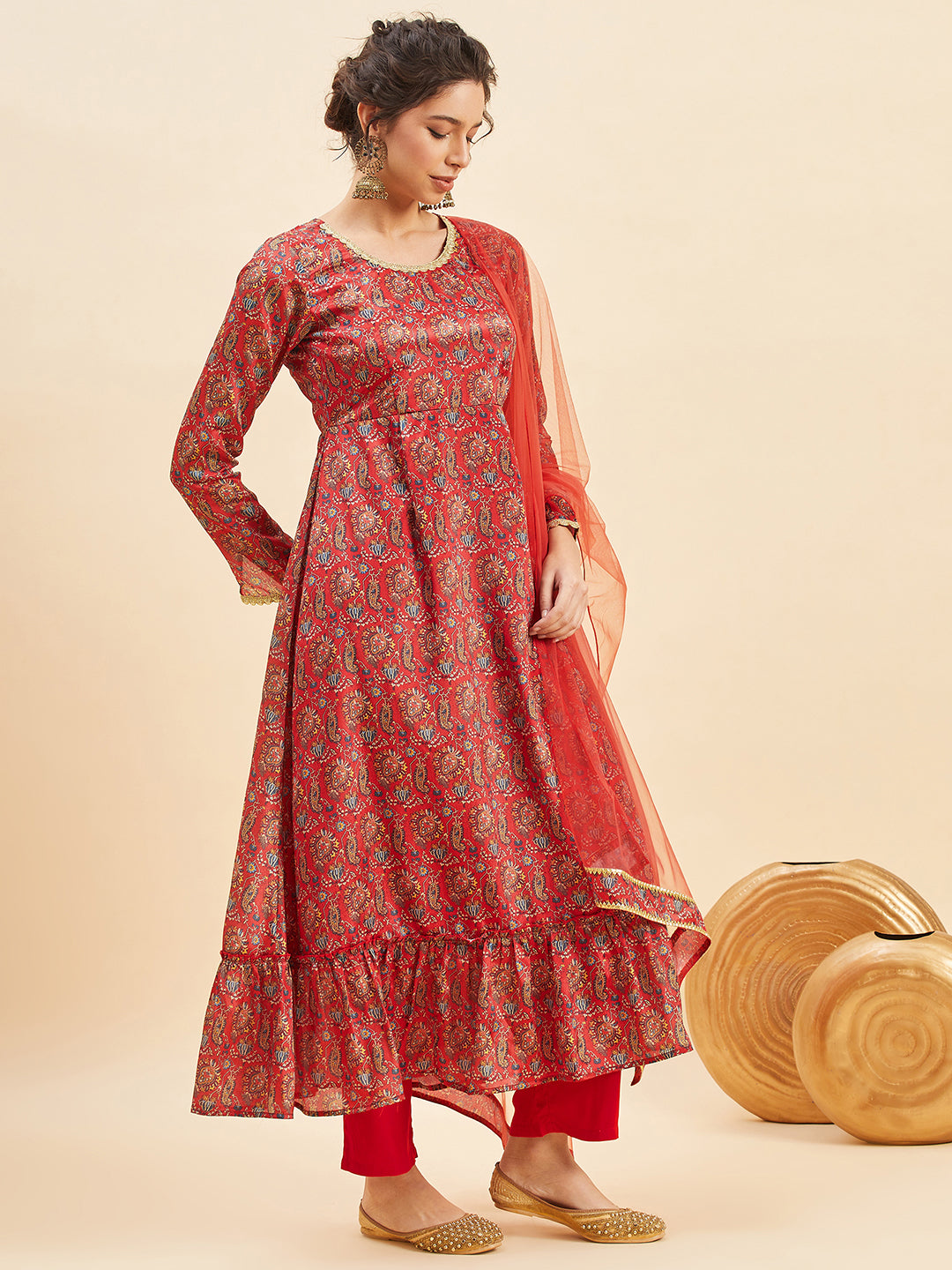 Floral Printed Empire Anarkali Kurta With Trousers & Dupatta