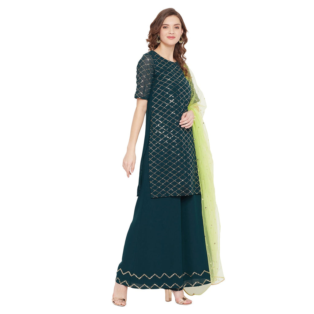 Dark green jaal embroidered kurta and sharara with lime green dupatta