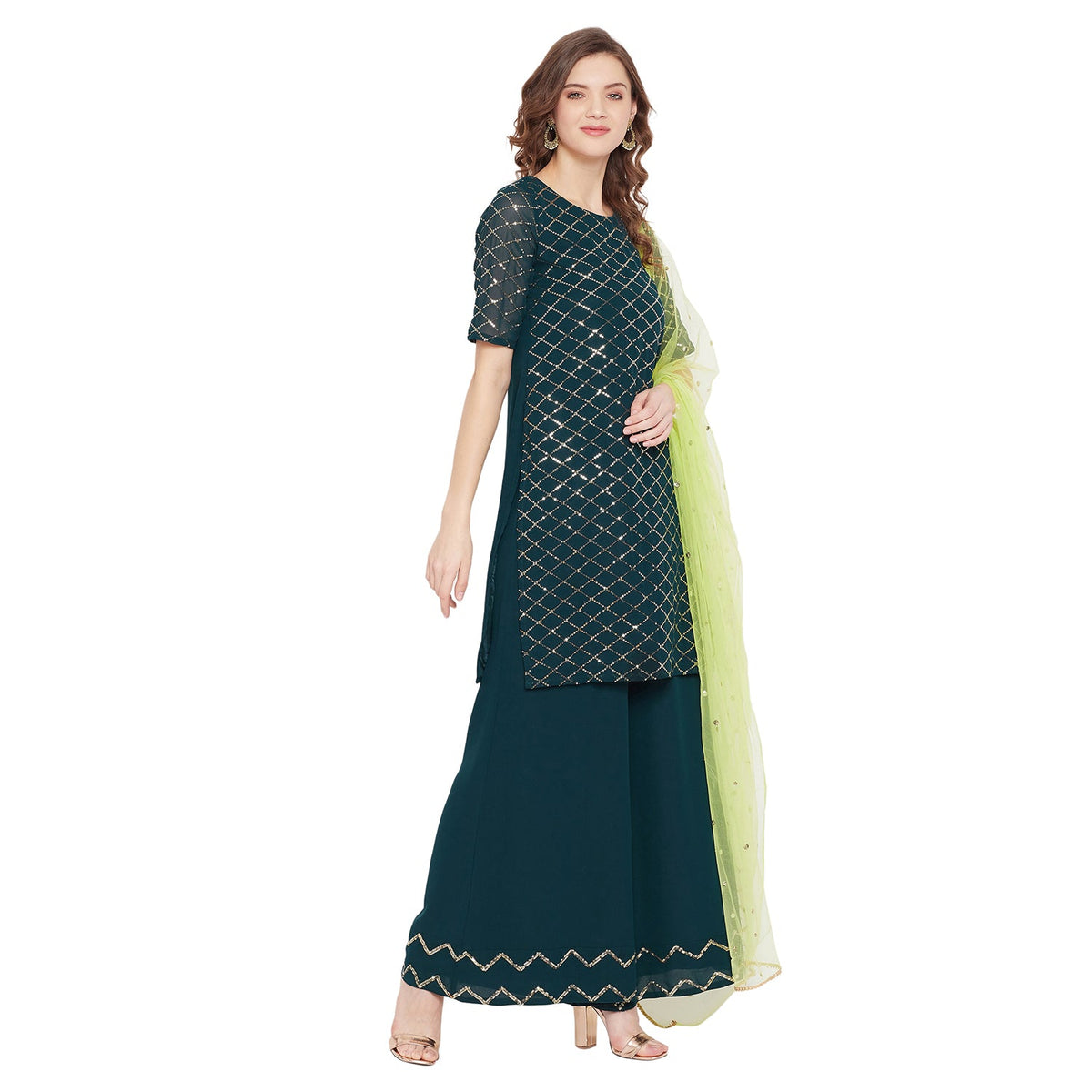 Dark green jaal embroidered kurta and sharara with lime green dupatta