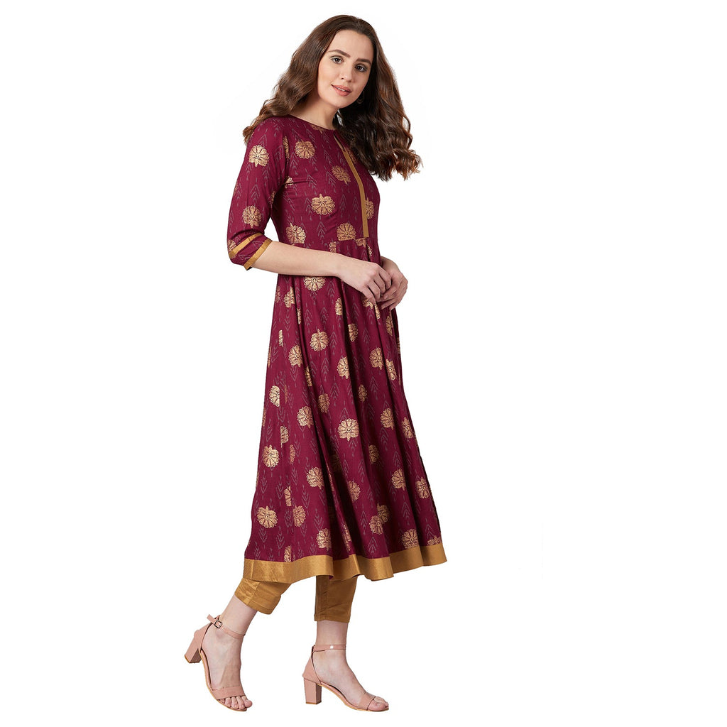 Women Maroon Printed Anarkali Kurta