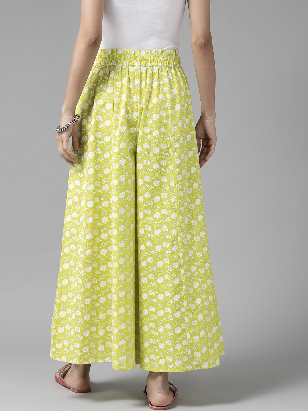 Women Lime Green & White Ethnic Motifs Printed Cotton Palazzos