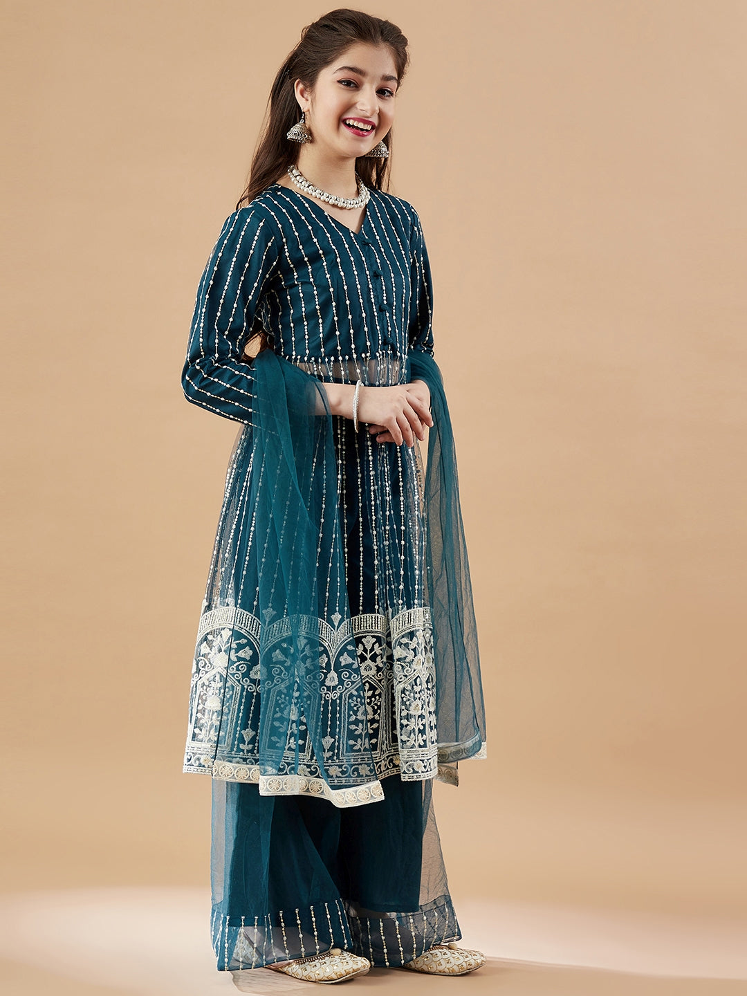 Girls Striped Embroidered Mesh Empire Sequinned Kurta & Sharara & Dupatta
