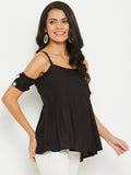 Black Solid Off Shoulder Puff Sleeves Bardot Top