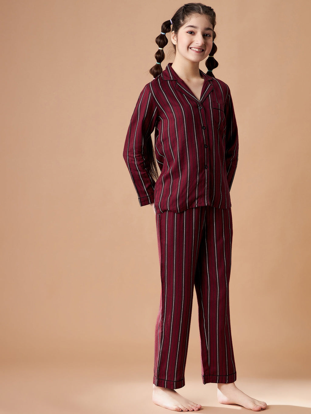 Girls Maroon Striped Cotton Night Suit Set