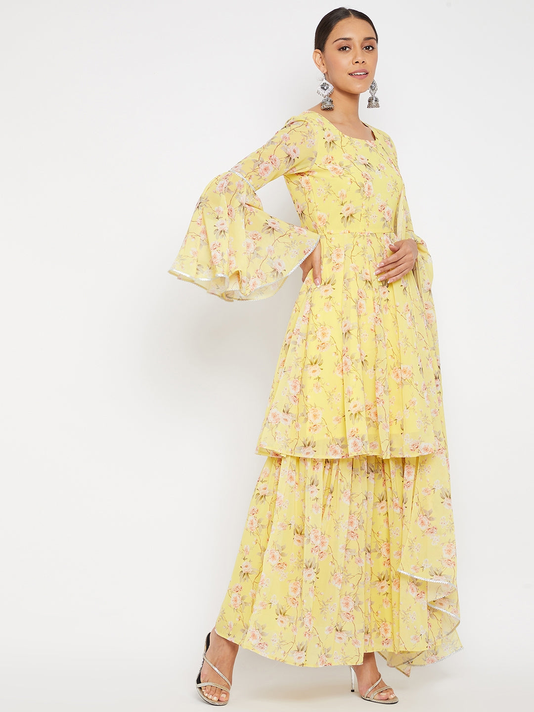 Women Yellow Floral Print Sharara Set With Dupatta