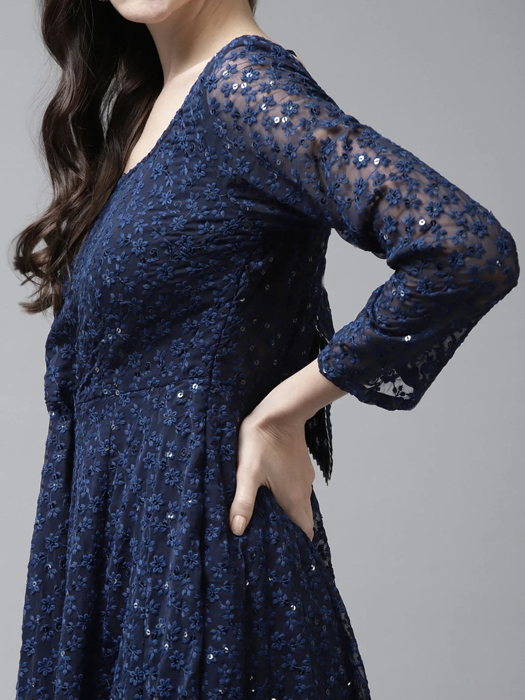 PANIT Women Navy Blue Ethnic Motifs Embroidered Ethnic Maxi Dress