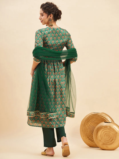 Ethnic Printed Anarkali Kurta With Trousers & Dupatta