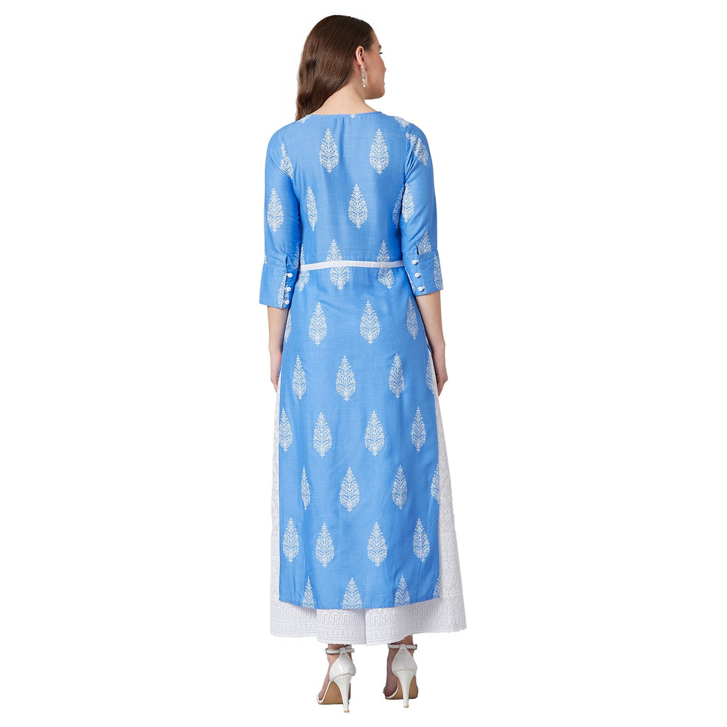 Women Blue & White Floral Print Anarkali Kurta