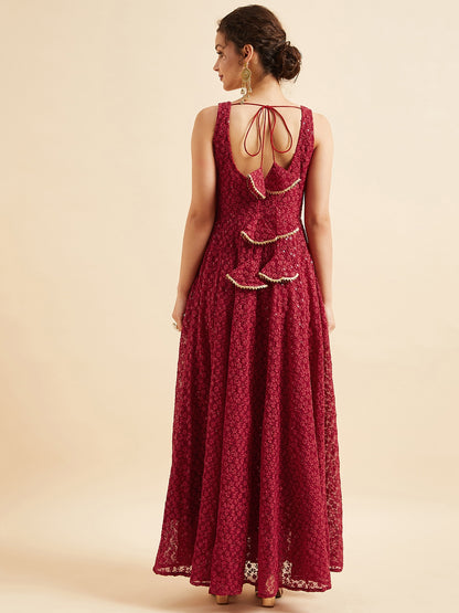 Embroidered Georgette Fit & Flare Maxi Dress - Red