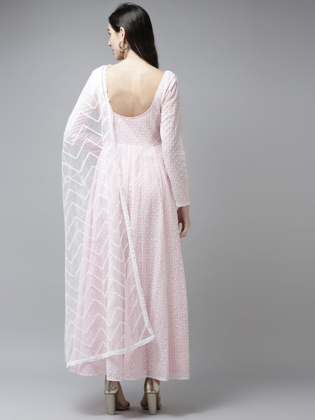 Pink & White Ethnic Motifs Embroidered Georgette Ethnic Maxi Dress With Dupatta