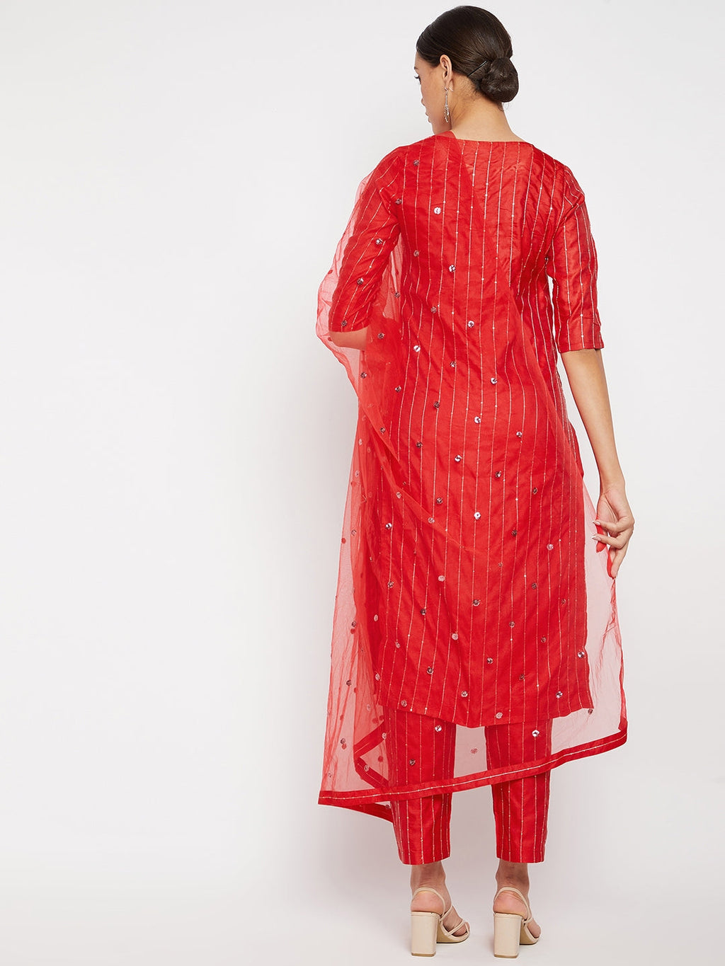 Women Red Sequin Straight Kurta Set with Dupatta