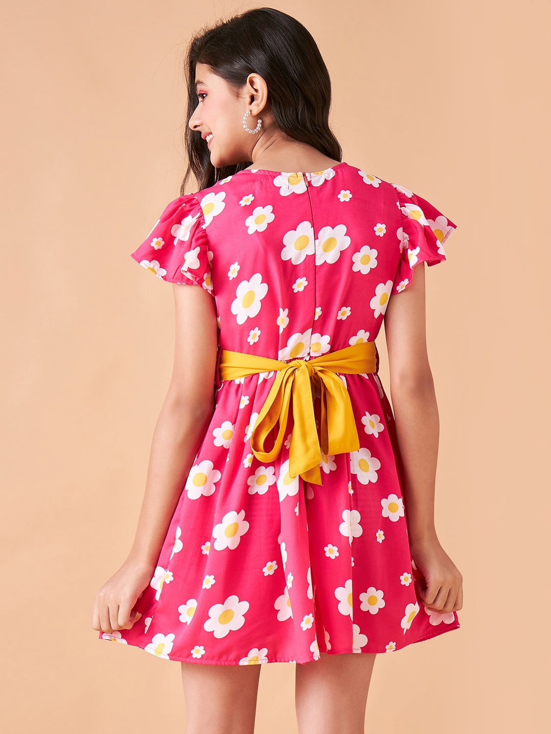 Girls Floral Printed Flutter Sleeve Fit & Flare Dress