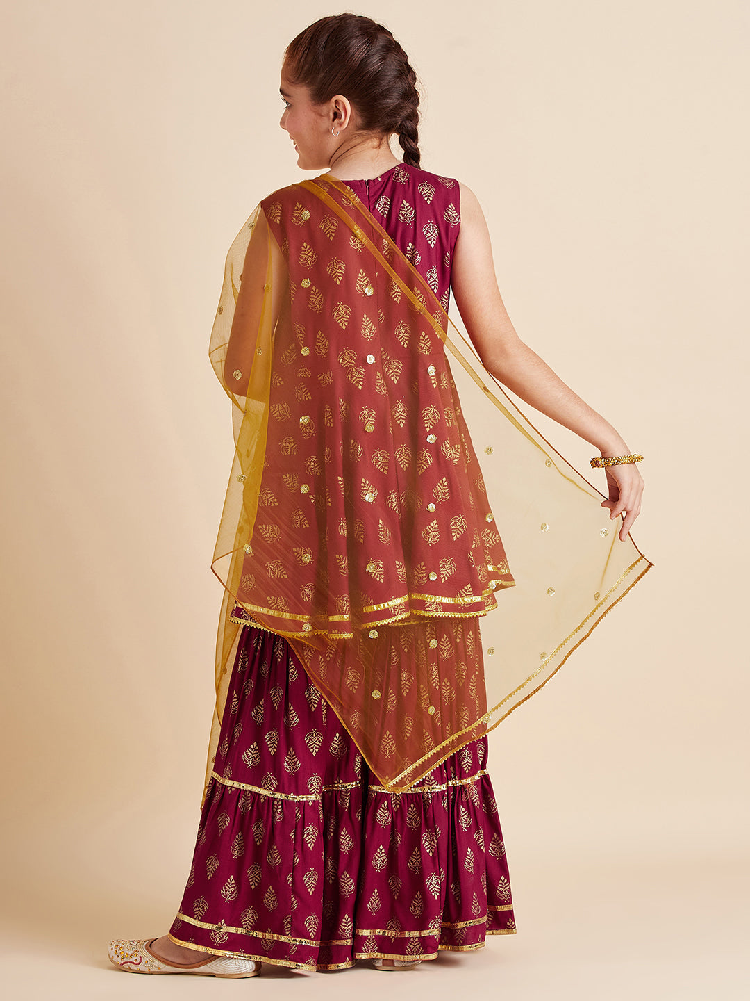 Girls Ethnic Motifs Printed Gotta Patti Kurti with Sharara & With Dupatta