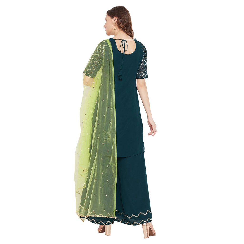 Dark green jaal embroidered kurta and sharara with lime green dupatta