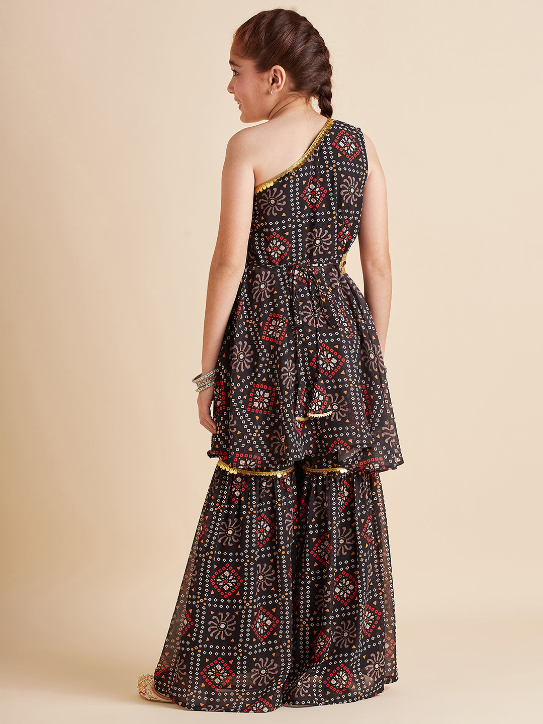 Girls Bandhani Printed Empire Gotta Patti Kurta with Sharara