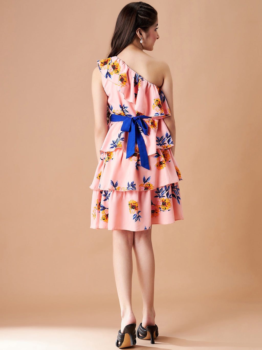 Girls Floral Printed One Shoulder Layered Fit & Flare Dress