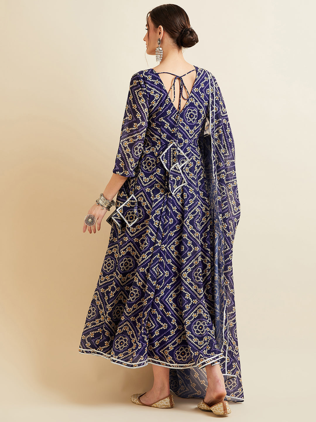 Bandhani Printed Georgette Angrakha Ethnic Dress With Dupatta