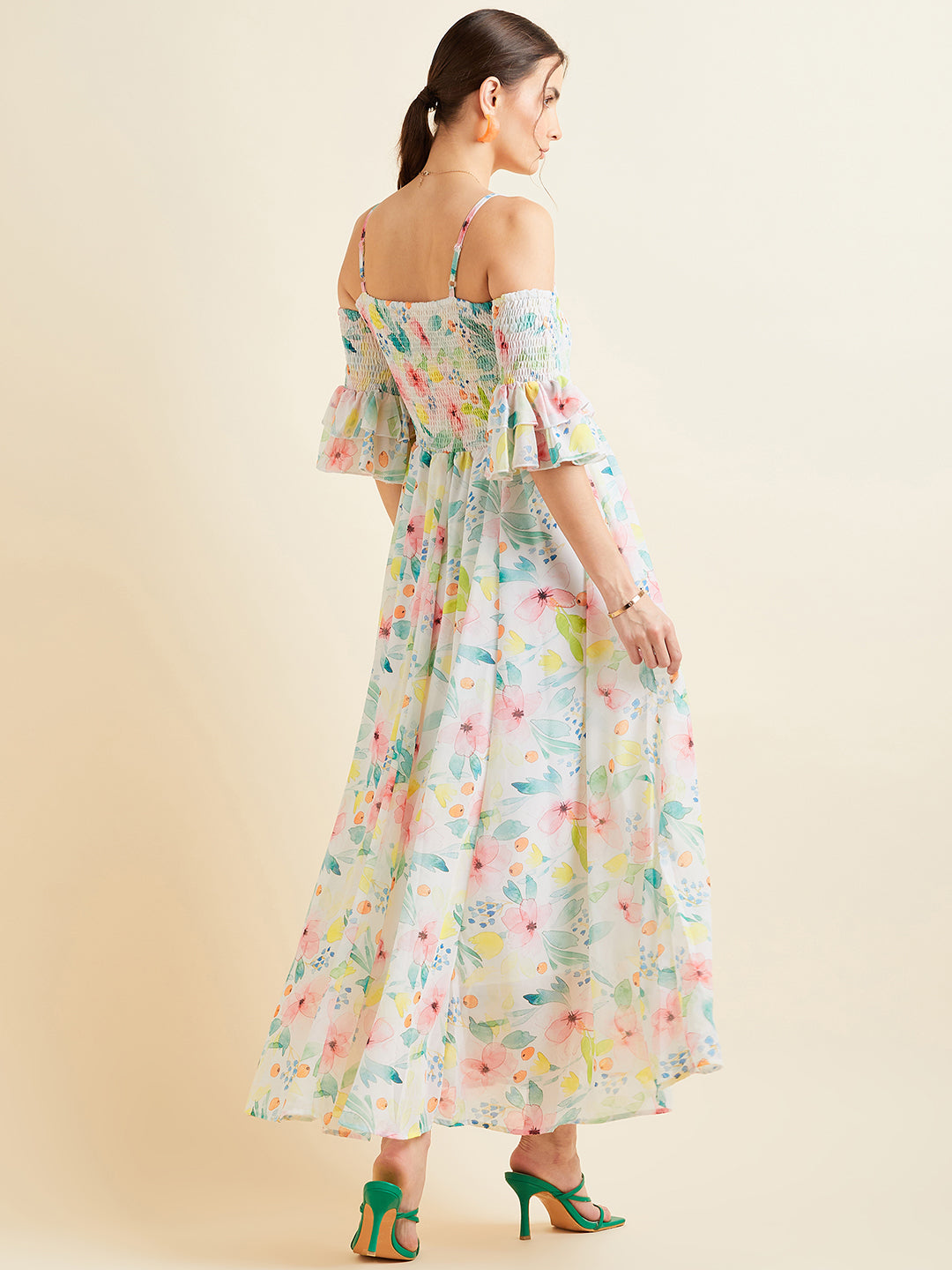Floral Printed Smocked Off Shoulder Georgette Maxi Dress