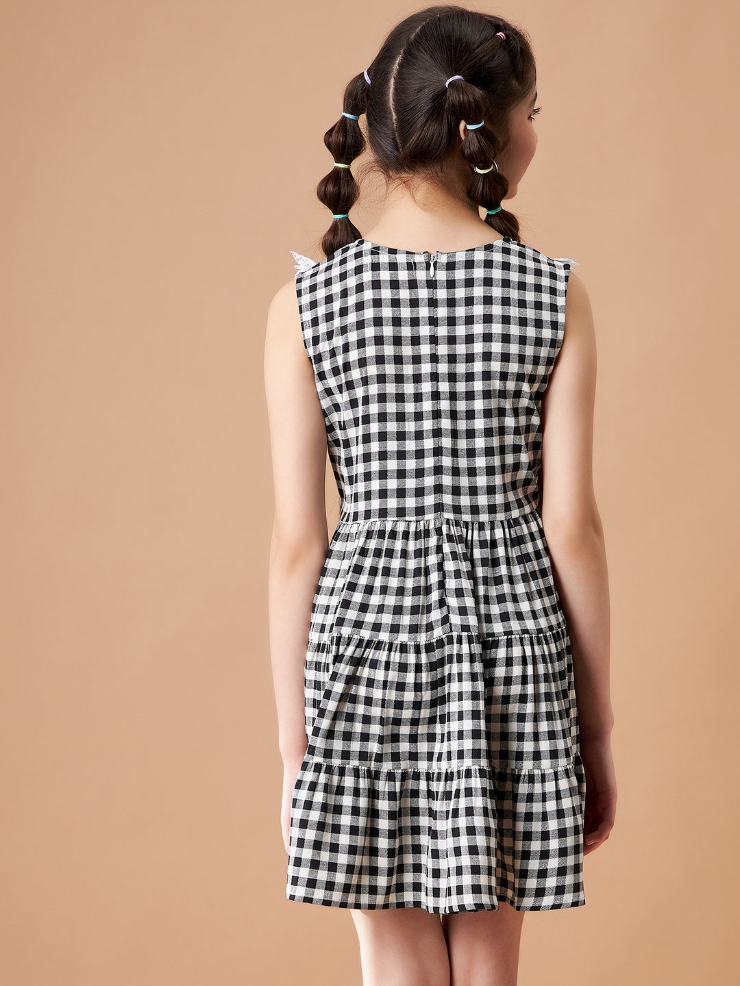 Girls Balck Sleeveless Checked Crepe Short Dress