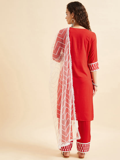 Red & White Ethnic Motifs Yoke Design Thread Work Kurta With Trousers & Dupatta