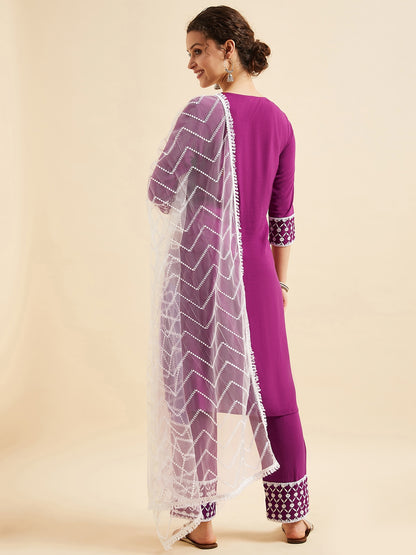 Purple Ethnic Motifs Embroidered Thread Work Regular Kurta with Trousers & Dupatta