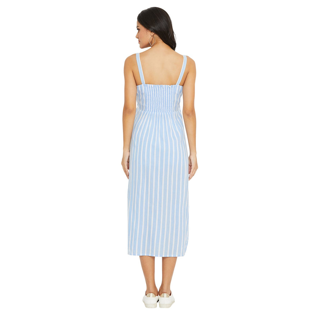 Women Blue and White Stripe Fit and Flare Midi Dress