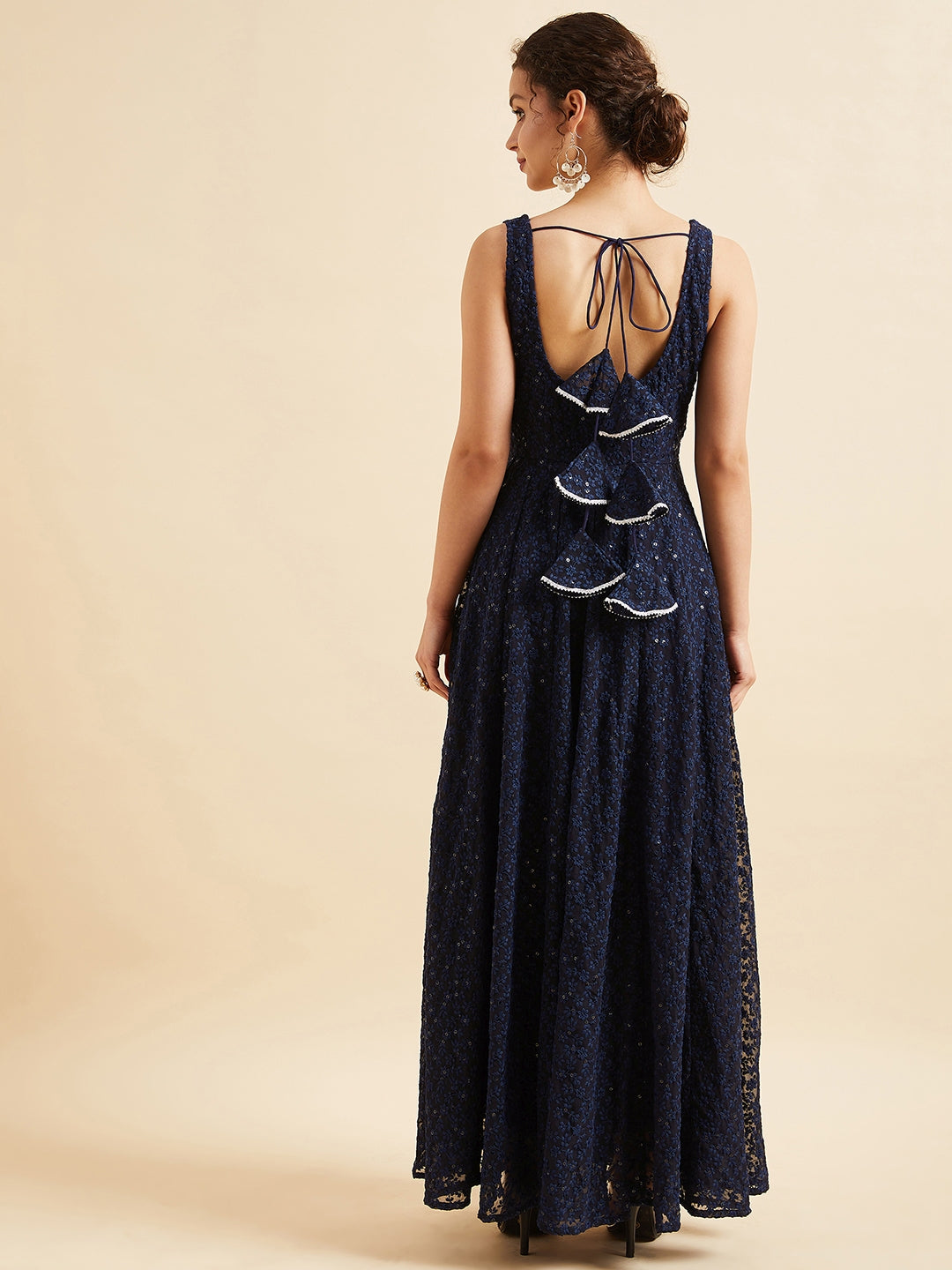 Embroidered Georgette Fit & Flare Maxi Dress - Naby Blue