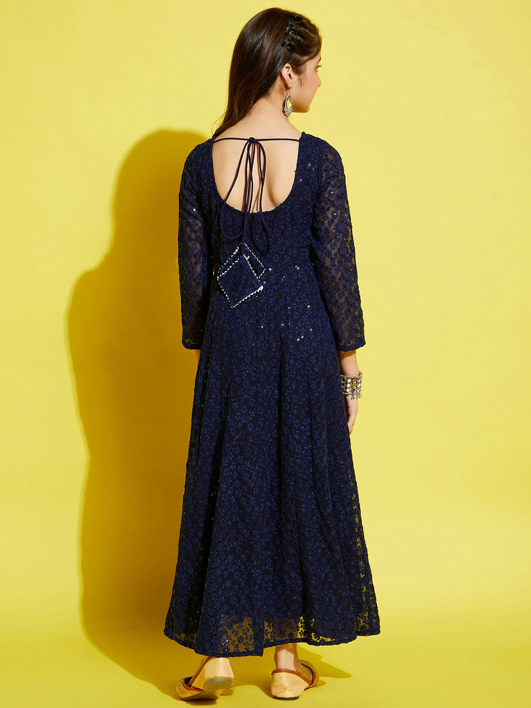 Girls Floral Embroided Maxi Dress - Navy Blue