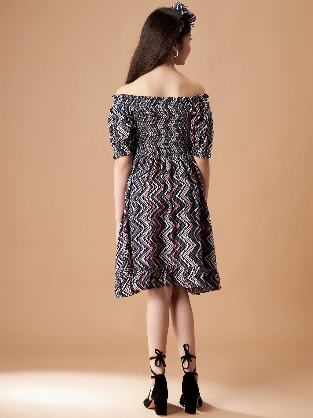 Chevron Printed Smocking A-Line Dress