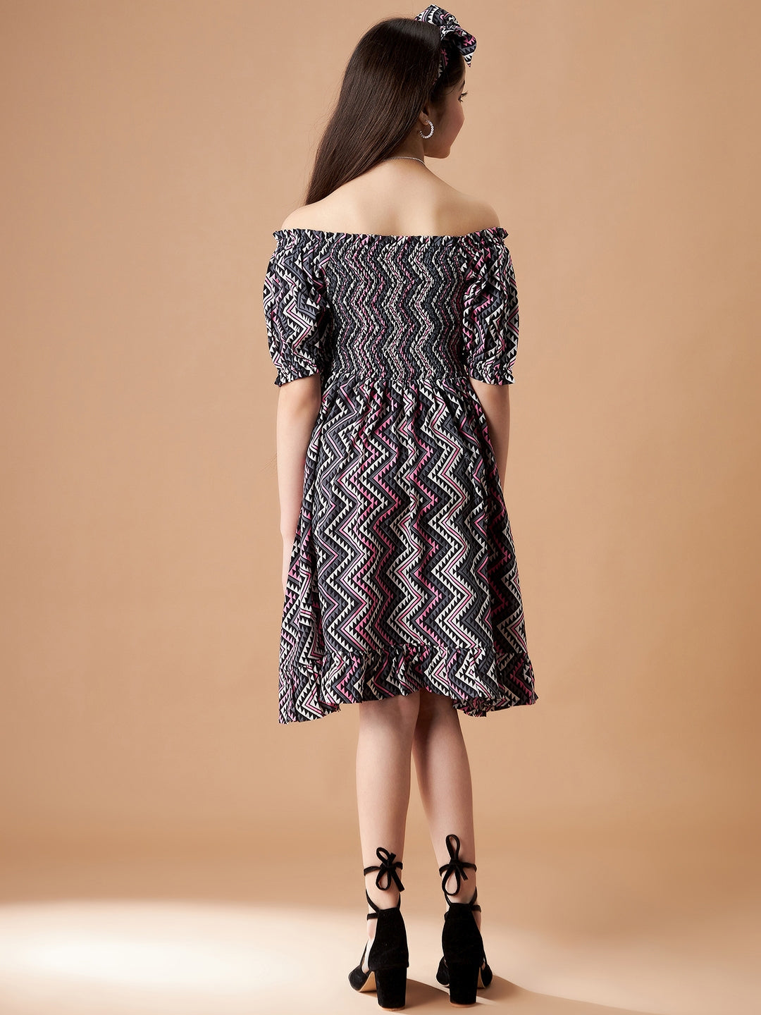 Chevron Printed Smocking A-Line Dress