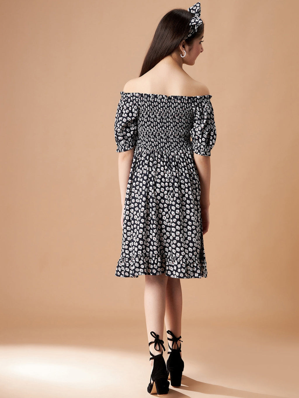 Black Floral Printed Smocking detail a Line Dress