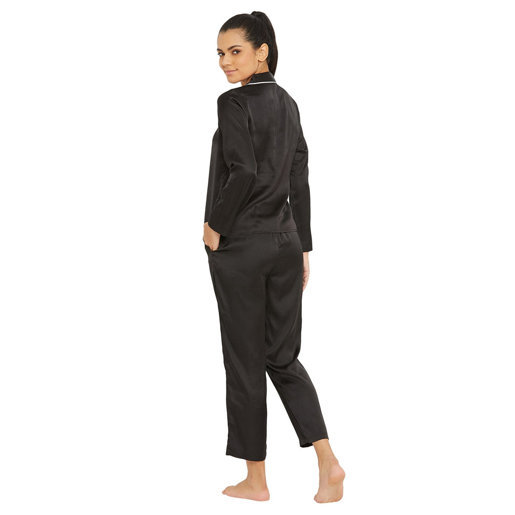 Women Black Satin Finish Solid Night Suit