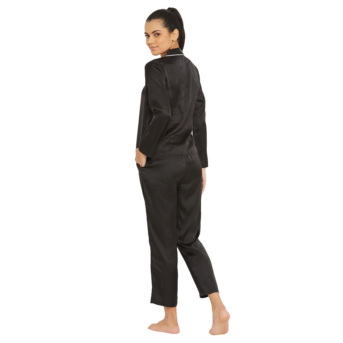 Women Black Satin Finish Solid Night Suit