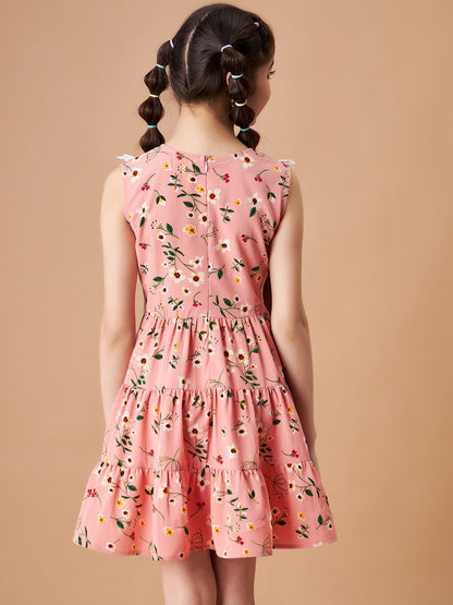 Girls Peach Floral Printed Crepe Fit & Flare Dress