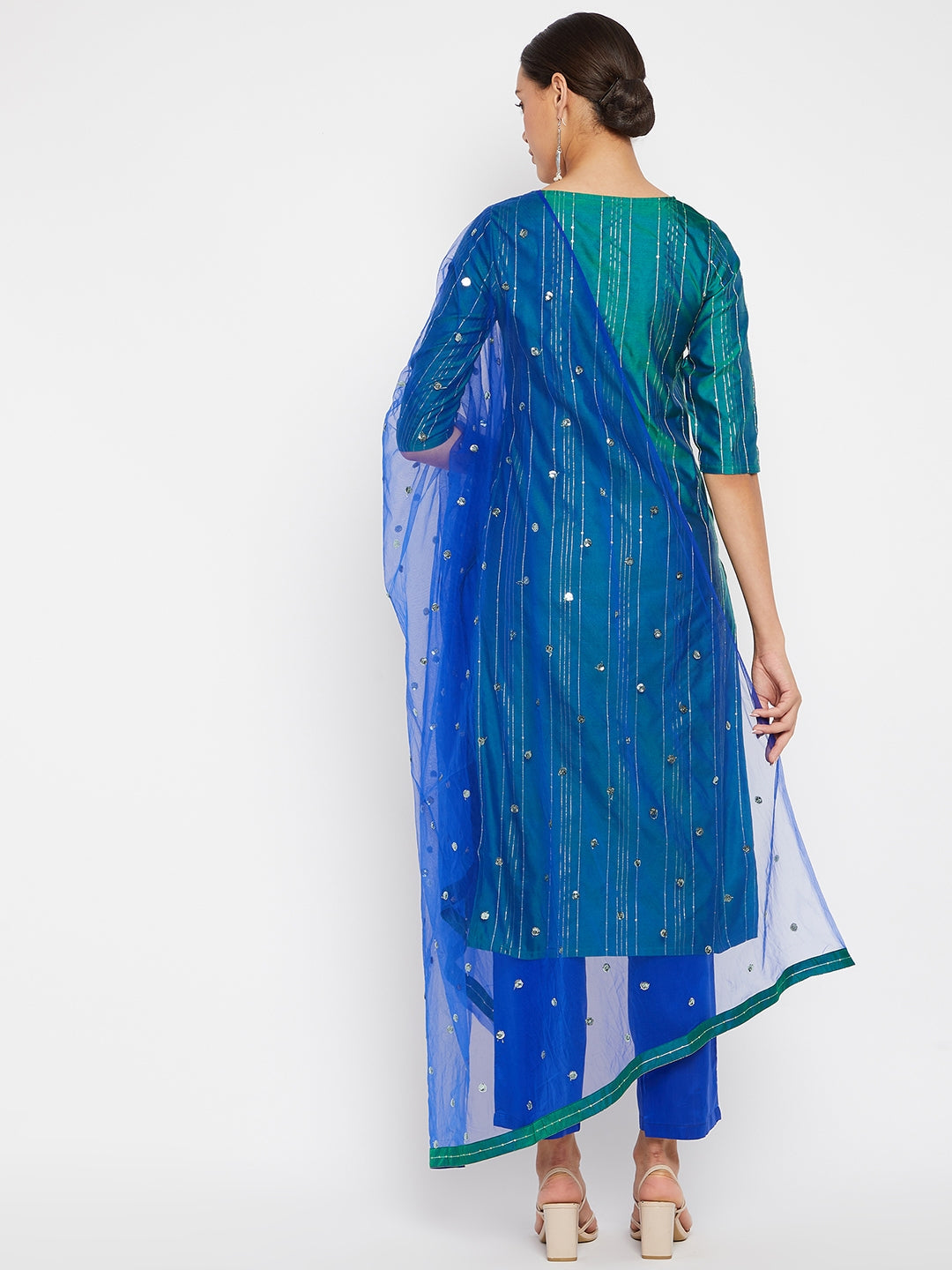 Women Green Blue Sequin Straight Kurta Set with Dupatta