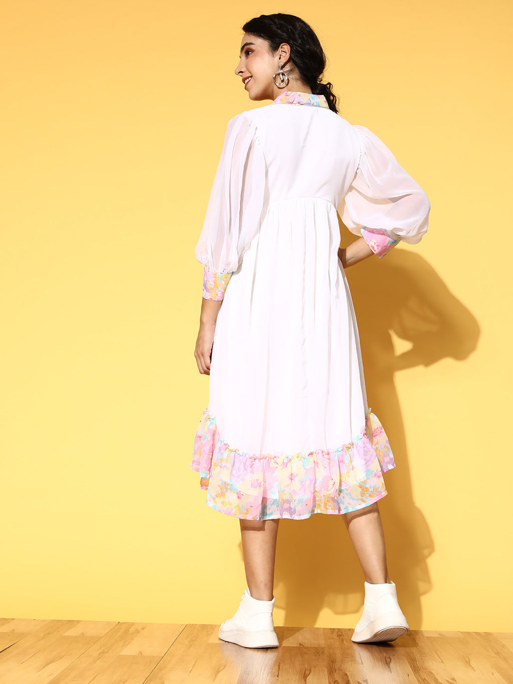 PANIT White  Pink Floral Printed Georgette A-Line Midi Dress