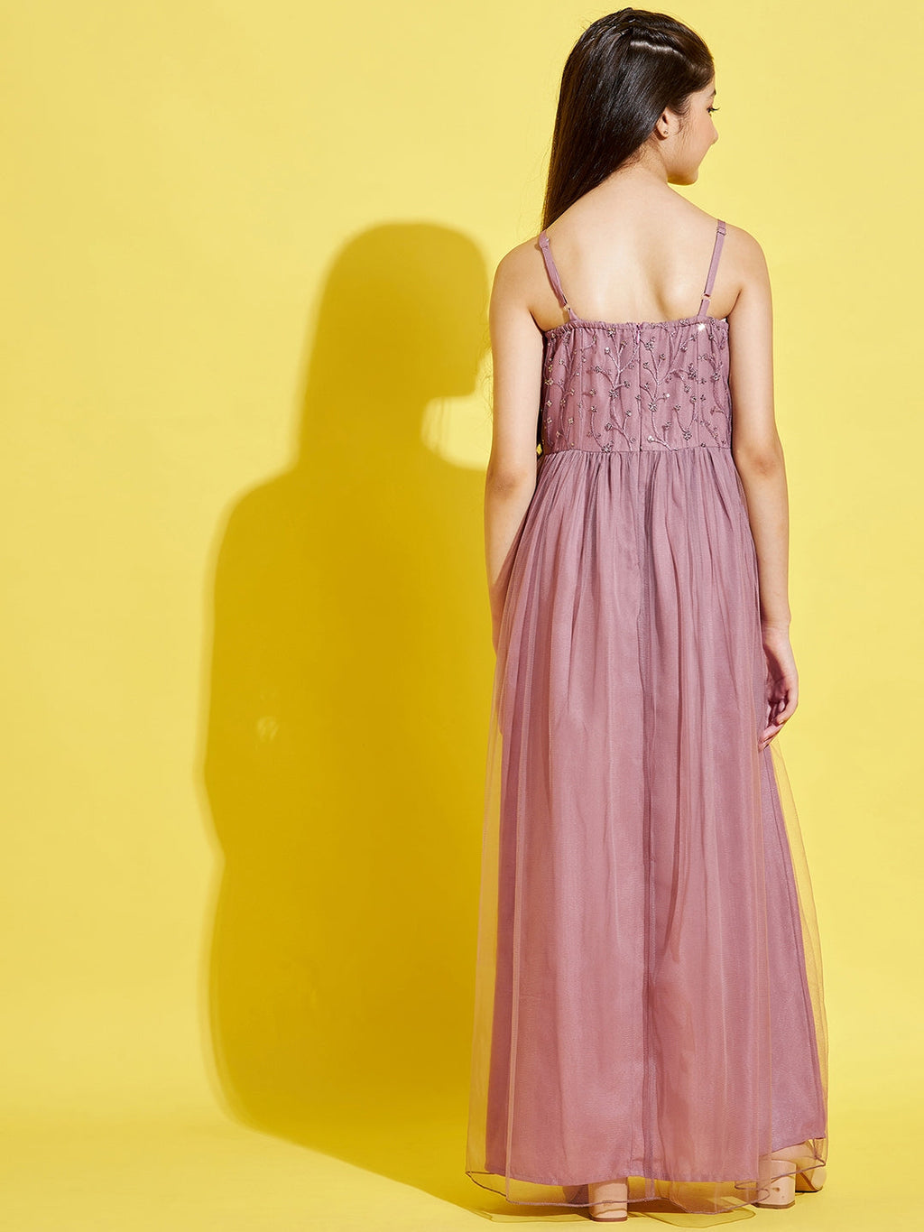 Girls Mauve Floral Net Maxi Maxi Dress
